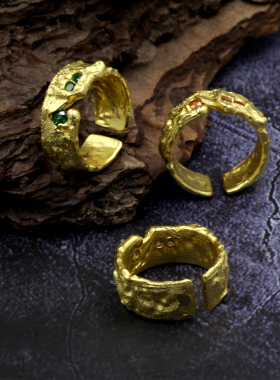 韩版S925纯银指环INS小众设计不规则面微镶锆石纹理质感开口戒指