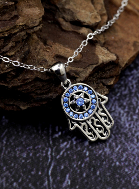 S925纯银项链女款轻奢圆形镶嵌蓝色锆石吊坠锁骨链饰