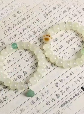 新款抖音同款和田玉青白冰润墩墩手链玉色圆珠无事牌手串圆珠手饰