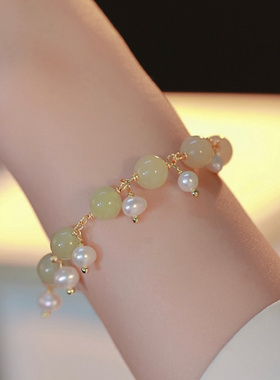 天然和田玉珍珠手链ins小众设计