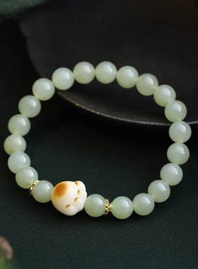 天然高冰晴水和田玉手链炭烧猫爪