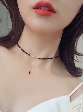 新款黑色锁骨链女夏黑尖晶颈链项链14K镀金豆豆小众choker超闪