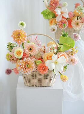 仿藤条手工编织花篮 塑料藤编手提篮绿植鲜花小花篮装饰A6