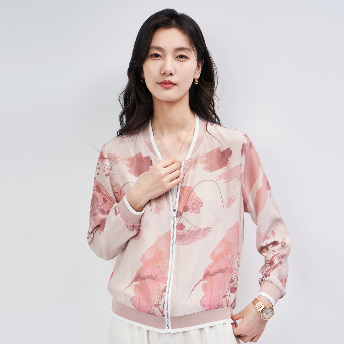 春竹2025春季新款时尚休闲印花长袖气质百搭短款女士宽松开衫