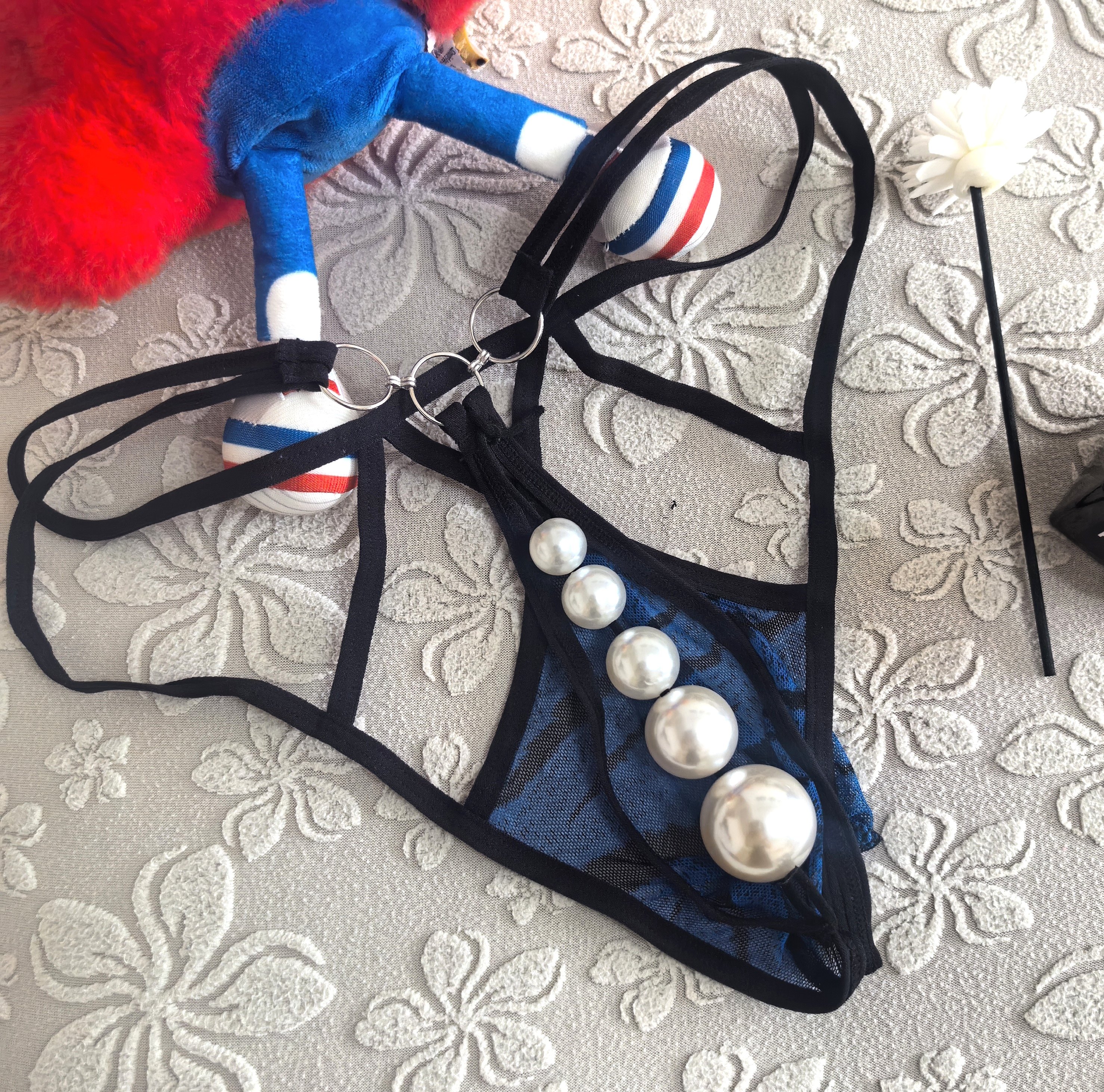 男士丁字裤蕾丝透明薄高弹臀部挂大珠子按摩个性玩法串珠短裤火辣,淘宝优惠券,粉丝福利购,淘宝优惠卷