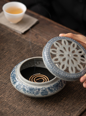 青花香炉 古陶泥陶瓷工艺品熏香摆件倒流香薰炉创意家居香插香道