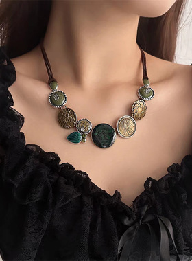 中古风彩色滴油纽扣叶片项链小众轻奢感锁骨链时尚气质项饰潮