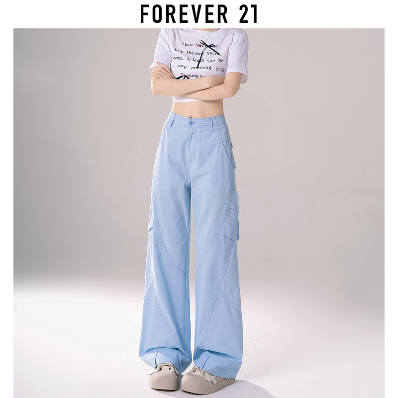 Forever 21蓝色薄款美式工装裤女2024年夏季新款窄版阔腿休闲裤子