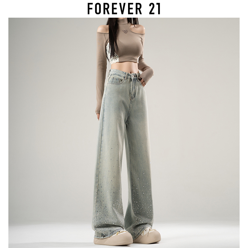 forever 21高腰烫钻阔腿牛仔裤女复古直筒垂坠感窄版拖地裤子春秋