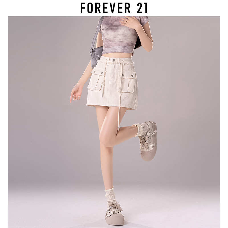 Forever 21美式工装半身裙女高腰辣妹A字牛仔裙米白包臀超短裙子 - 图0