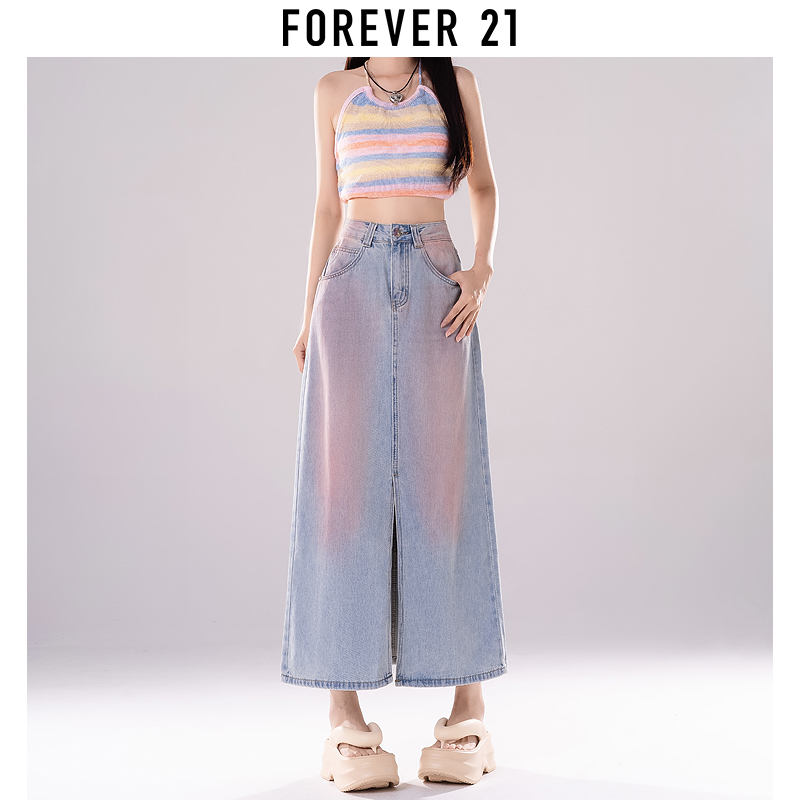 Forever 21高腰开叉牛仔半身裙女2024年春夏腮红中长款遮胯包臀裙