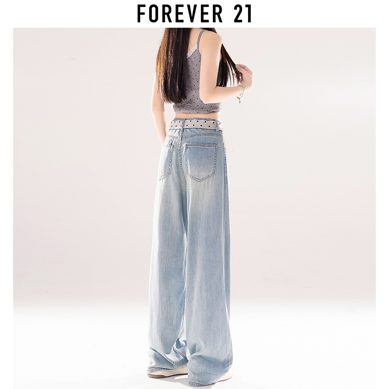 Forever 21夏日多巴胺穿搭阔腿牛仔裤女高腰垂感宽松直筒拖地裤子