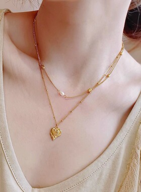 夏天金色珠淡水珍珠项链叠戴女高级感轻奢小众装饰钛钢锁骨链配饰