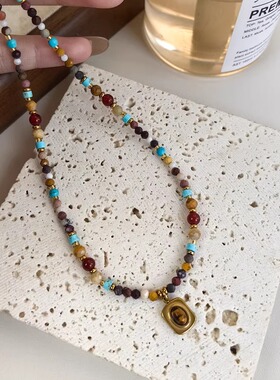 复古蓝色美拉德虎眼石串珠项链