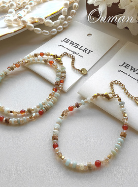 红色混搭串珠项链叠戴