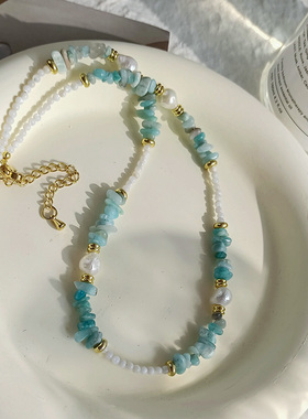 小清新蓝色碎石天然石串珠项链