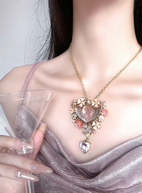 Lash 中古睡梦天使复古吊坠爱心珐琅工艺粉色花朵水晶浮雕项链