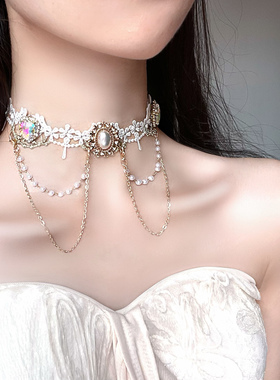 Lash 设计感choker洛丽塔白色蕾丝项链ins链条珍珠流苏水钻颈链