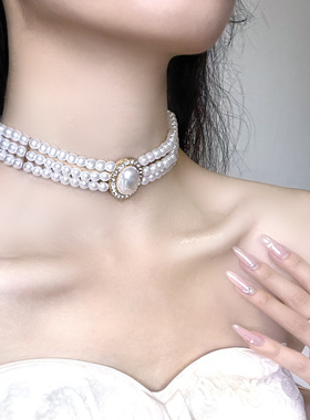 Lash 复古风几何椭圆珍珠项链ins风冷淡风气质多层颈链choker