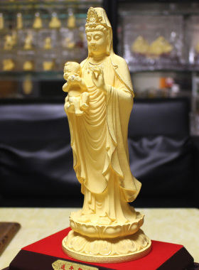金馨豪品 绒沙金送子观音菩萨佛像家庭佛堂观世音供奉工艺品摆件