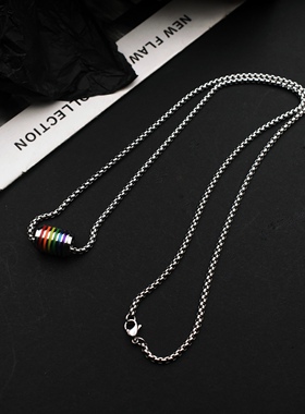 精致高级感彩虹转运吊坠钛钢项链男欧美嘻哈潮简约锁骨链冷淡小众
