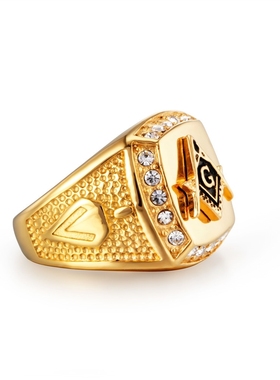 金色镶钻共济会标志嘻哈风戒指