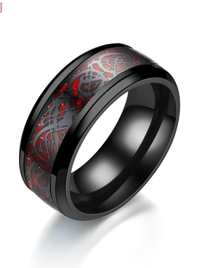 欧美风红色碳纤维龙纹源头戒指