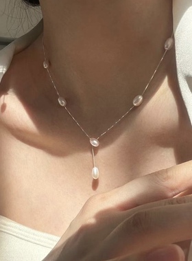 cc手作 纯银锁骨链天然淡水珍珠简约Y型链条瑞秋同款温柔优雅风