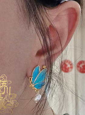 铜镀金仿点翠羽毛镶嵌耳钉
