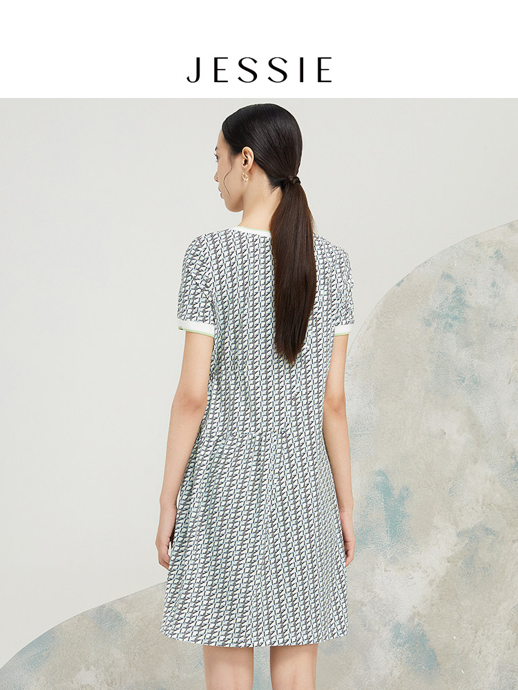 【商场同款】JESSIE夏季气质收腰连衣裙女士撞色圆领印花裙中长款,淘宝优惠券,粉丝福利购,淘宝优惠卷