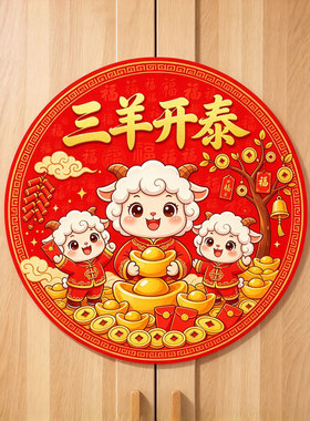 三羊开泰门贴新年贴纸羊年墙贴自粘冰箱贴纸2027过年春节不留胶