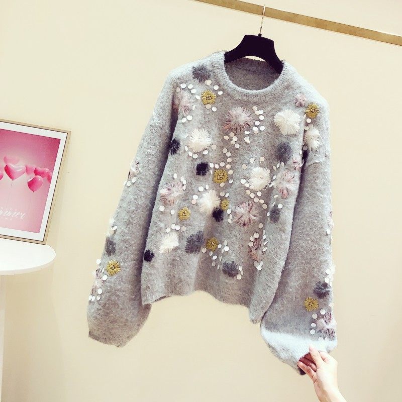 2025秋冬新款韩版重工绣花亮片圆领灯笼袖毛针织衫女慵懒套头毛衣,淘宝优惠券,粉丝福利购,淘宝优惠卷