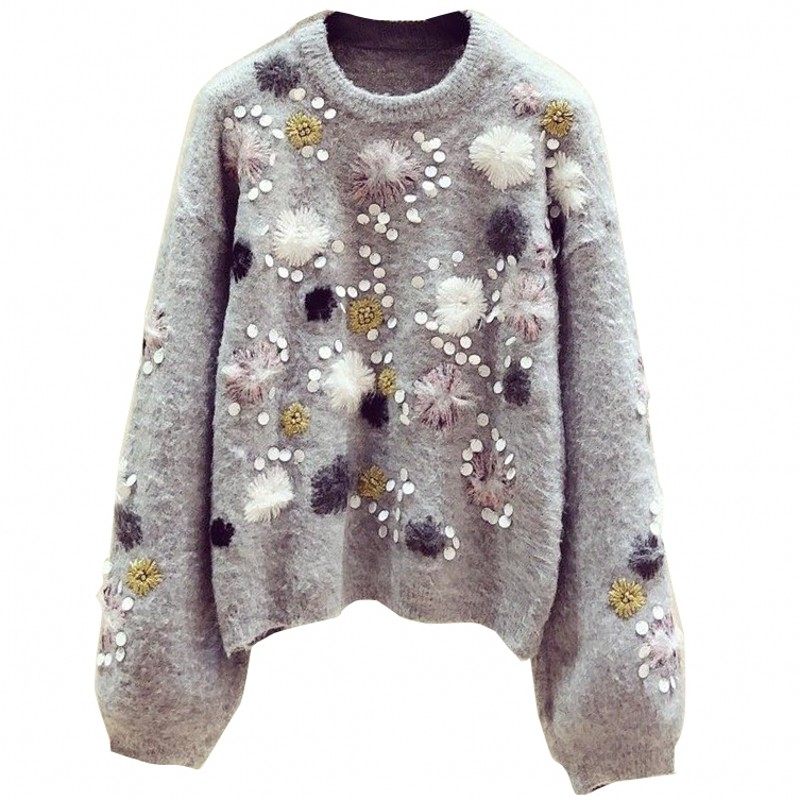 2025秋冬新款韩版重工绣花亮片圆领灯笼袖毛针织衫女慵懒套头毛衣,淘宝优惠券,粉丝福利购,淘宝优惠卷
