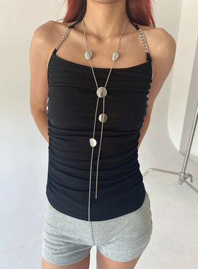 atmshop高级百搭银色圆片流苏长项链简约几何个性ins可抽拉毛衣链