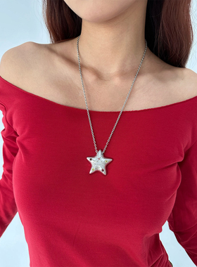 atmshop甜酷多巴胺银色磨砂五角星吊坠幸运星小众韩系精致长项链