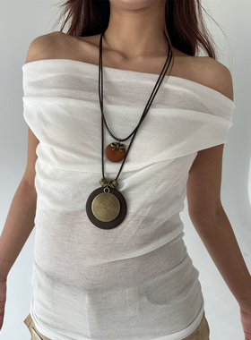 atmshop复古民族风木质圆盘双层长宽项链波西米亚森系棕色毛衣链