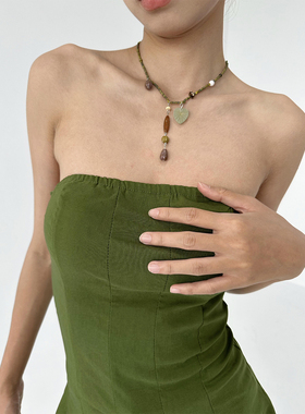 棕绿色复古气质珠串项链