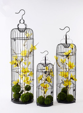 新中式风鸟笼花艺橱窗软装饰品