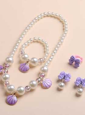 仿珍珠项链套装女孩粉色项链手链