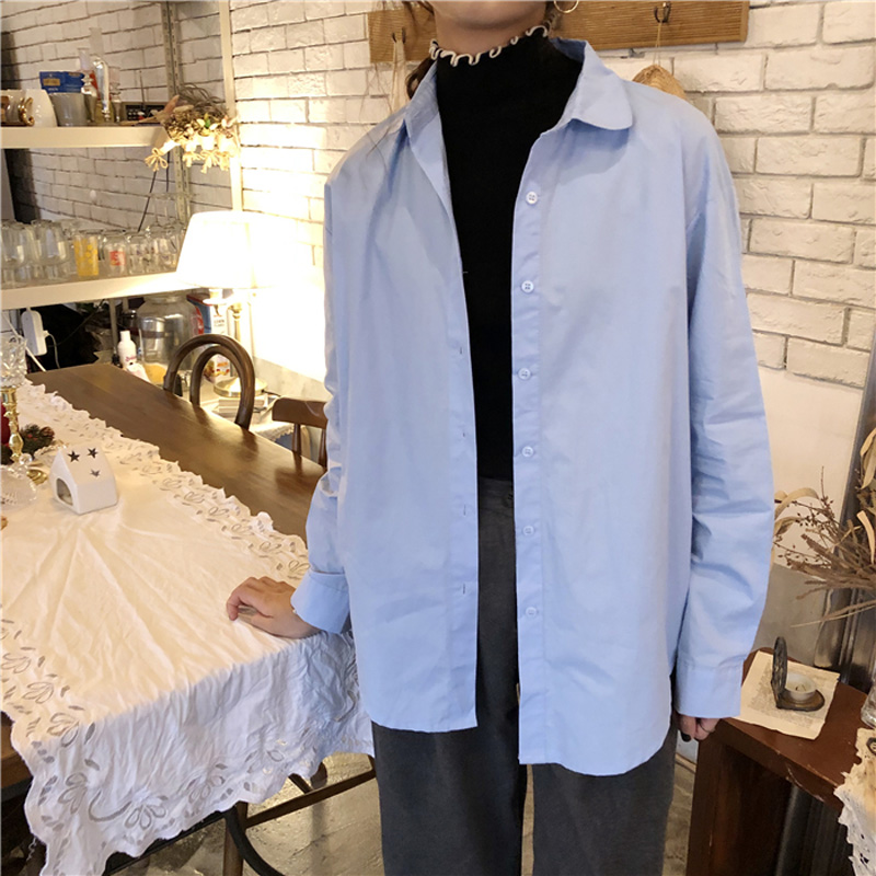 宽松浅蓝长袖衬衣 开衫外套 ins 初秋天蓝色衬衫女小清新少女感 chic 宽松浅蓝长袖衬衣 开衫外套 ins 初秋天蓝色衬衫女小清新少女感 chic