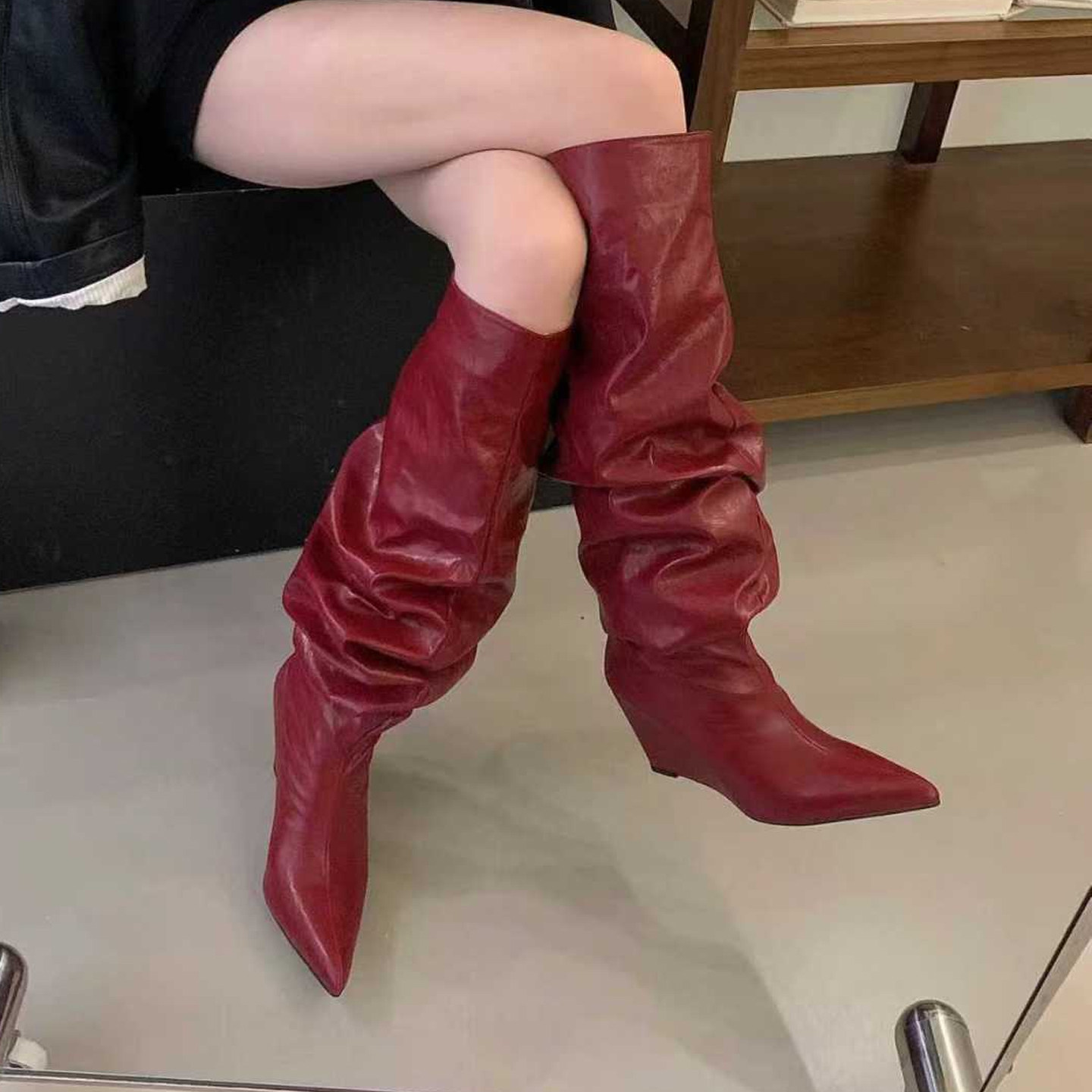 欧美坡跟尖头高跟高筒过膝西部牛仔靴褶皱灯笼靴宽筒时装加绒女靴,淘宝优惠券,粉丝福利购,淘宝优惠卷