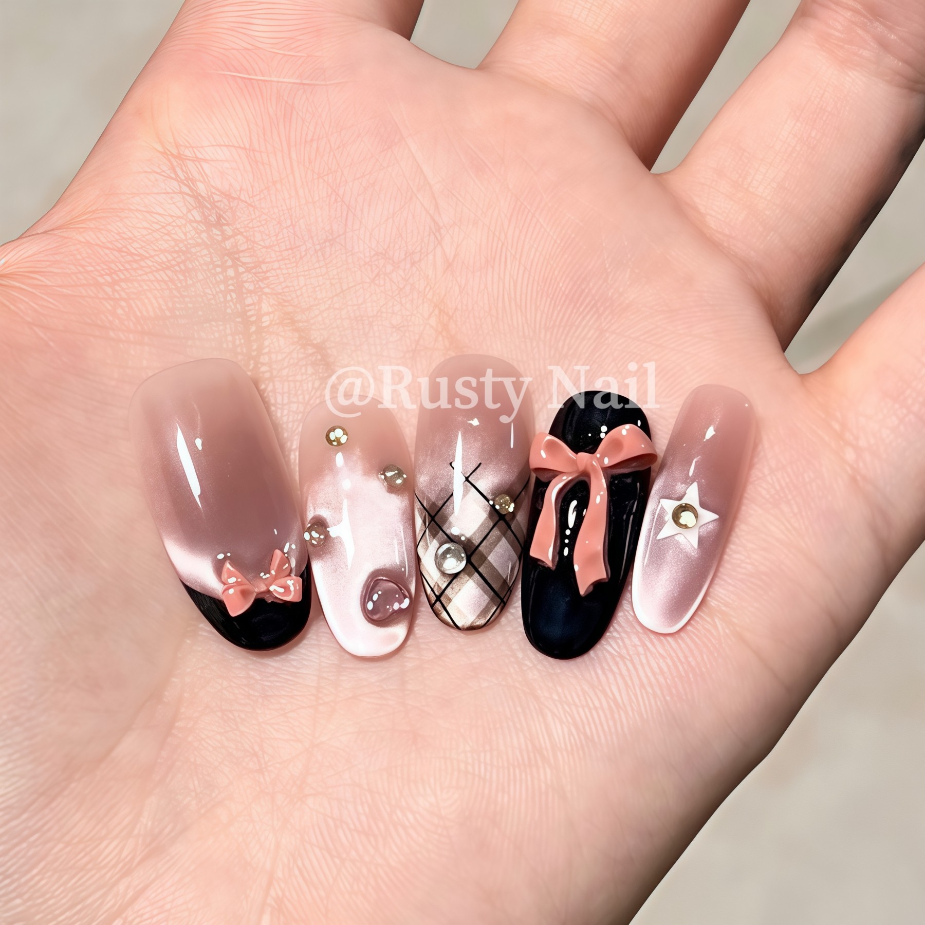 【现货】千禧辣妹法式蝴蝶结猫眼纯手工穿戴甲高级感显白美甲贴片,淘宝优惠券,粉丝福利购,淘宝优惠卷