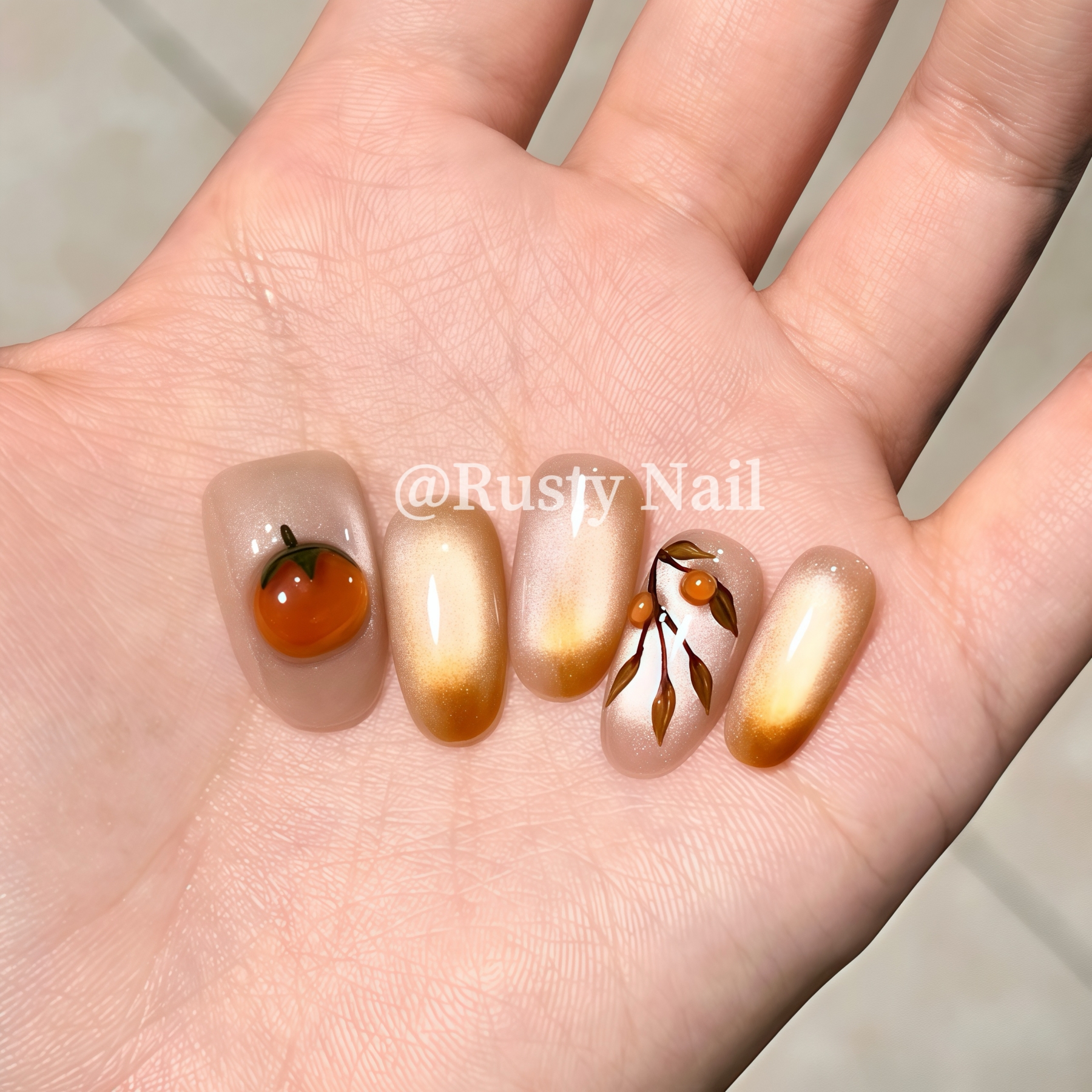 【柿柿如意】美拉德手绘新中式猫眼手工穿戴甲短款高级感美甲贴片 - 图0