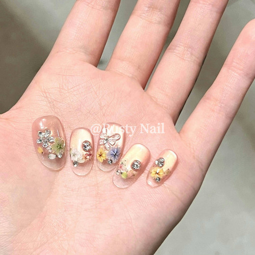 【断码特价】冰透法式干花猫眼显白手工穿戴甲高品质蝴蝶美甲贴片 - 图0