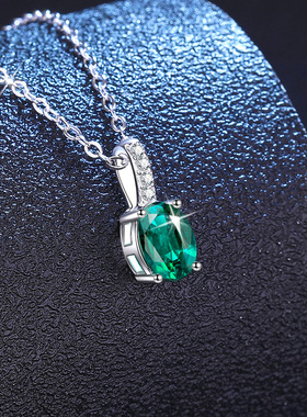 S925纯银莫桑石蛋形培育祖母绿项链红宝石蓝宝石莫桑钻项链女