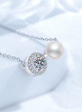 s925纯银项链莫桑钻石项链天然淡水珍珠吊简约圆包项链