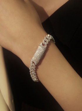 莫桑石满镶全钻925纯银古巴项链欧美ins风嘻哈派对菱形古巴链套装