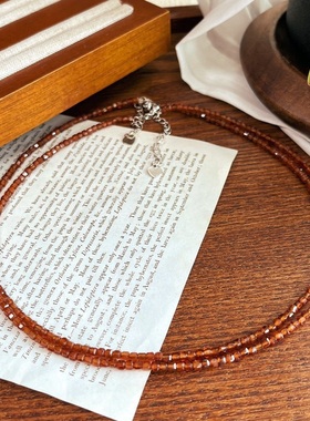 细橙色芬达石榴石小方块锁骨链项链baby珠叠戴简约时尚百搭款