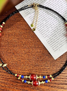 国风复古小颗粒设计感新年红天然红玉髓人造黑尖晶石锁骨链项链