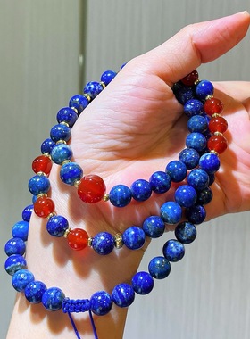 8mm复古天然高品质青金石红玉髓毛衣链项链女